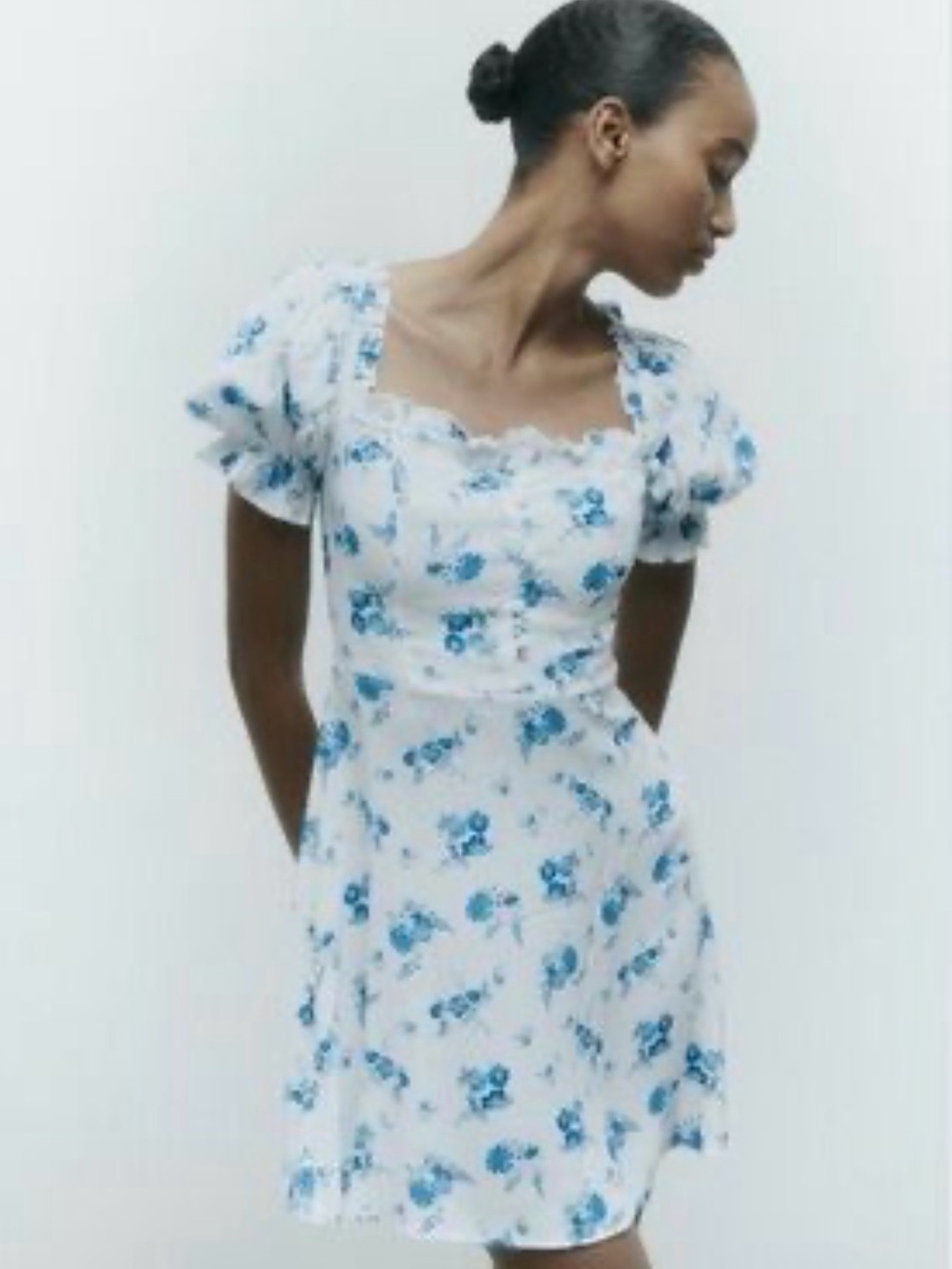 Zara Blue White Floral Puff Sleeve Mini Dress XS